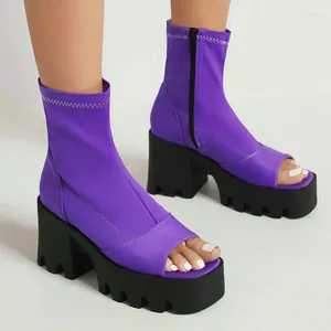 Sandales gothiques violet vif Orange en tissu extensible, bottes d'été à bout ouvert pour femmes, fermeture éclair à l'arrière, plateforme à talons hauts épais