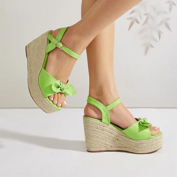 Sandalias Plataforma de cuñas de arco rojo de tacón verde Tallones altos de verano Sandales amarillos bohemios Femmes