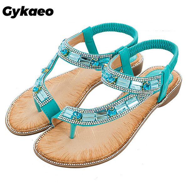 Sandalias Gykaeo Damas Zapatos de verano Estilo bohemio Azul Rojo Sandalias de moda Mujeres Celosía Raya Zapatos de playa de suela plana Zapatos De Mujer 230714