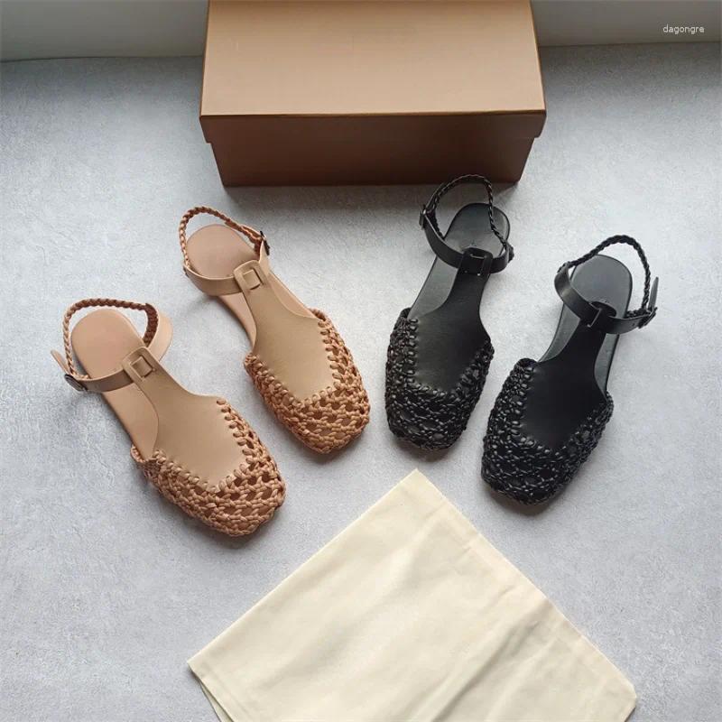 Sandals Hand-woven Women Shoes Summer Matal Buckle Cladiator Hollow Out Zapatos Mujer Vintage Genuine Leather Chaussure Femme
