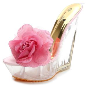 Sandalias hechas a mano 3D flor grande Super tacones altos mujeres 14 cm plataforma transparente Sandalias Sexy Floral Perspex Sandale Femme Y944