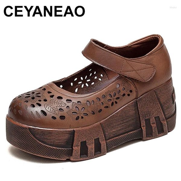 Sandalias zapatos retro hechos a mano zapatos de gancho de cuero genuino 2024 Spring Summer Hollow Platform Sweates Sneakers