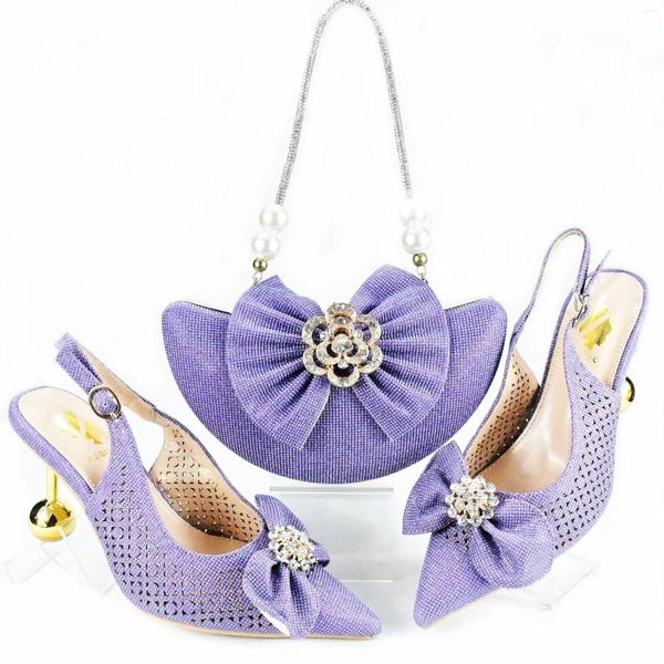 Sandalias Haniye Maravilloso Púrpura Zapatos De Cuero Italiano Y Conjunto De Bolso Diseño Tacones Altos A Juego