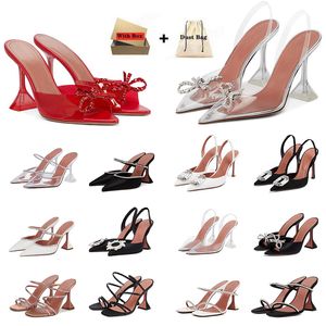Sandales Chaussures à talons robes chaussures de luxe Designer Satin High Amina Muaddi talon transparent 9cm Bow Crystal Embardle Pompes pointues