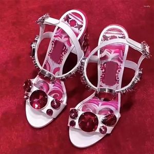 Sandalen hakken bloemen dikke edelsteen decor enkelband luxe roze roy blauw strass bohemia sandaal vrouwen trouwschoenen