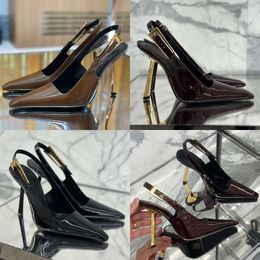 Sandals Heels Diseñadores de mujer Patente Metal Slingback Stiletto Heel Vestido de cuero genuino de cuero de 10 cm Hebilla de tobillo Nochebuen