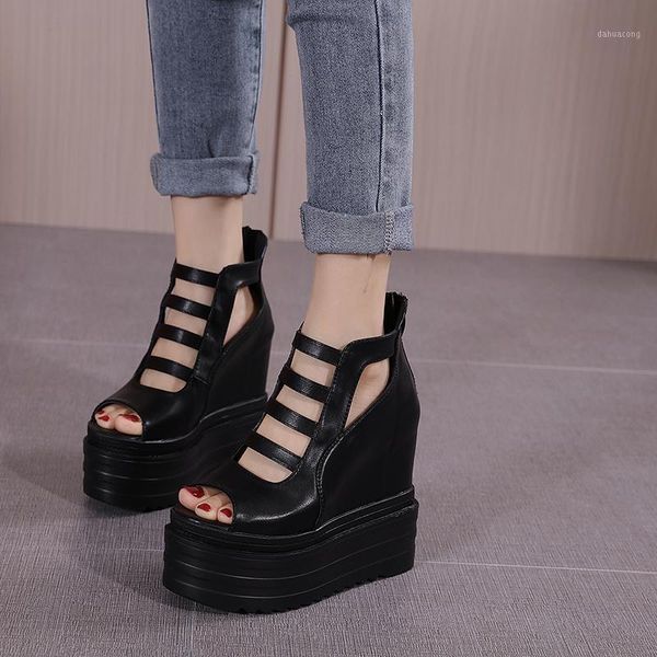 Sandales hauteur 14 cm plate-forme chaussures compensées noir blanc avec sangles croisées chaussures à talons ultra hauts fermeture éclair fête en vente