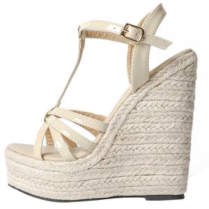 Sandalias Cuerda de cáñamo zapatos de mujer sandalias de plataforma de tacón de cuña de gran tamaño Simple tejido europeo y americano Z0224