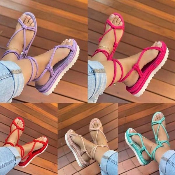 Sandalias Cuerda de cáñamo Mujeres Zapatos de plataforma de verano Sexy Púrpura Crosstied Tallas grandes Mujer Cuña Romano Estilo sólido 230408