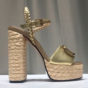 Sandalen hoge hakken sandalen voor dames modeontwerper buckle weave lafiet gras kleding schoenen t0p kwaliteit echt leer 13 cm hielplatform sandaal