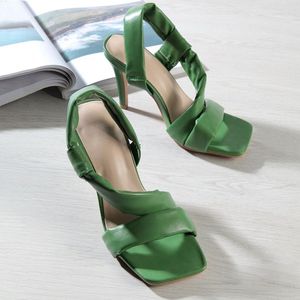Sandalen hoge hakken dames slip op glijbanen holle groene witte slingback sexy vierkante teen open jurk schoenen feest
