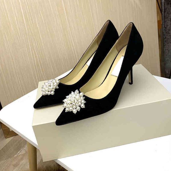 Sandalias Tacones altos Mujer Marca Lujo Perla Flor Bombas Moda Con cuentas Boca baja Zapatos de boda de tacón fino 220315