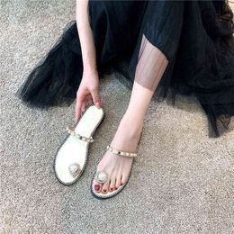Sandalen High Heel Women Fashion Pearl Flat Slippers Luxe Rhinestones kralen P