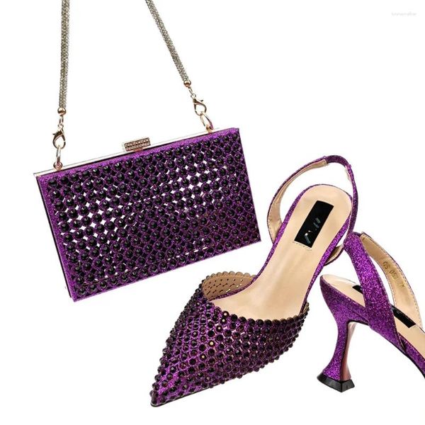 Sandalias Zapatos de mujer púrpura de alta calidad Conjunto de bolsos Conjunto de bombas de vestir africanas y bolso con decoración de cristal QSL052 Tacón 8 cm