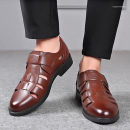 Sandales en cuir de haute qualité pour hommes, respirantes, fond souple, creux, simples