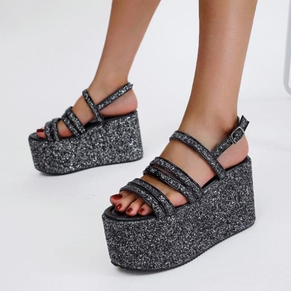 Sandales HOKSVZY Femmes Style Chaussures Pour Femmes Gâteau Éponge Semelle Épaisse Super Talon Haut Romain Argent Paillettes CWF