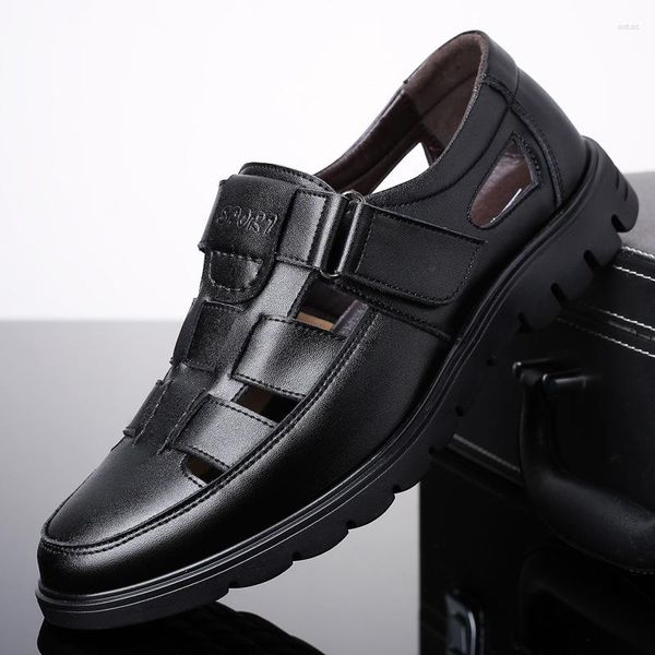 Sandalias vacaciones verano hombres zapatos de cuero genuino suela gruesa vaca para hombre marca plana calzado masculino negro A4414