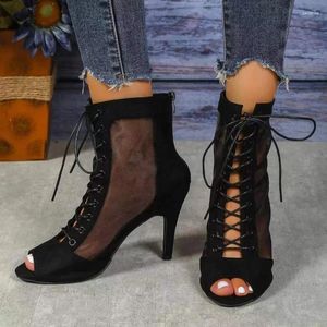 Sandales à talons en maille creuse, chaussures pour femmes, tendance, noires, à lacets, Sexy, bottes à bout ouvert, Stilettos, Jazz, danse, femme, été 2024