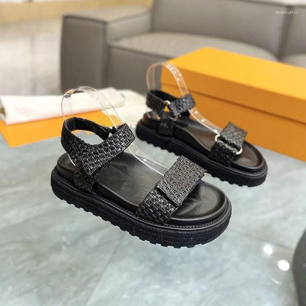 Sandalias Hook Loop para mujeres Plataforma plana Zapatos de mujer Cuerda de punto de paja Sandalias casuales de verano de Mujer 2023