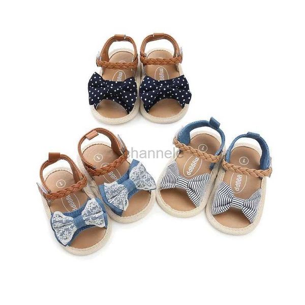 Sandales Bébé bébé chaussures fille chaussures plates sandales semelle souple anti-dérapant été nœud papillon point rayure dentelle berceau chaussures nouveau-né premier marcheur vente chaude 240329