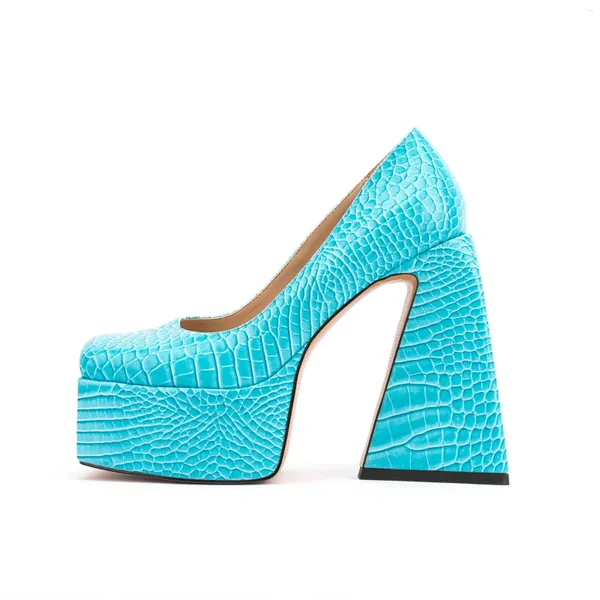 Sandales INS Femmes Chaussures Bleu Crocodile Imprimé Squaer Toe Chunky Plate-Forme Pompes Épais Talon Haut Fête Zapatos Mujer