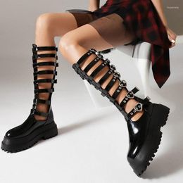 Sandales Ippeum femmes plate-forme gladiateur noir Punk robe chaussures été creux ceinture gothique genou bottes hautes