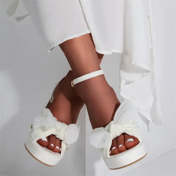 Sandales IPPEUM Femmes Plateforme Blanc À Talons Hauts Bowknot Cheville Boucle Sangle Chunky Talon Carré Chaussures De Mariage