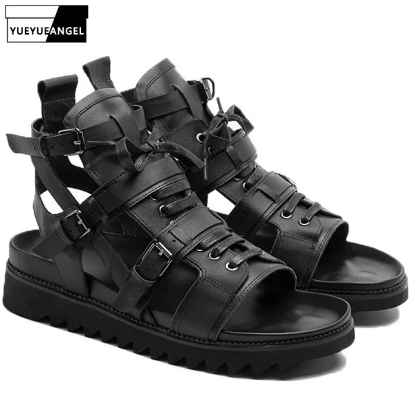 Sandalias italianas New Cow Real Leather High Top Men Beach Sandals Plataforma gruesa de encaje Strap Hollow Out Punk Gladiator Zapatos