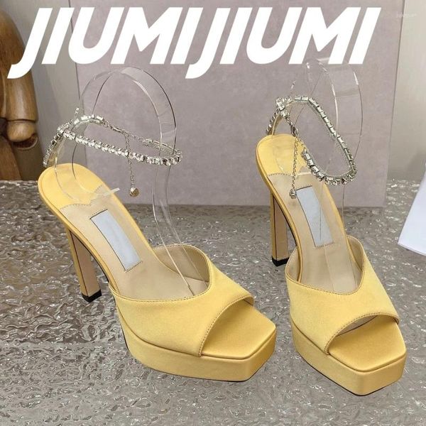 Sandalias Jiumijiumi Zapatos de mujer hechos a mano Tisos delgados de altura Plataforma de seda sólida Cristal decora Party Fiesta sexy