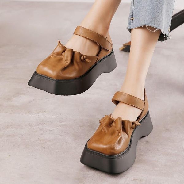 Sandales Johnature 2023 été Vintage bout carré semelle épaisse à la main en cuir véritable confortable femmes plate-forme chaussures