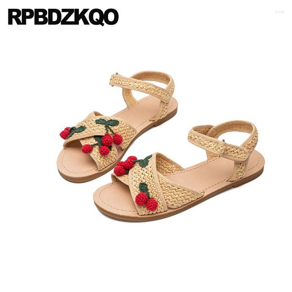 Sandalias Kawaii 34 vacaciones mujeres zapatos bordados de talla grande lindos planos de punto flor apliques hechos a mano China dulce punta abierta cereza