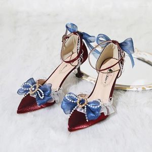 Sandales Kawaii Tea Party French Sweet Girl Lolita High Heels Vintage Elegant Exquis Vin Red Loli Bow Anime Cosplay Point Toe