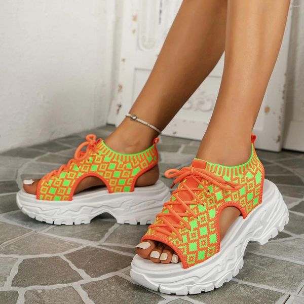 Sandales en maille tricotée pour femmes, mode couleur imprimée, tendance, fond épais, plate-forme à lacets, cale, bouche de poisson, pantoufles de sport