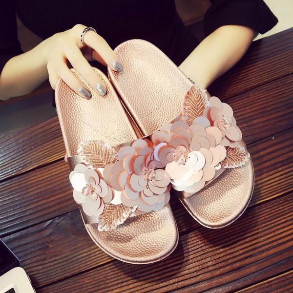 Sandalen Koreanischer Stil Große Blume Dekorieren Gladiator Frauen Creepers Perlen Weiche Unterseite Strand Damen Perle Plateauschuhe