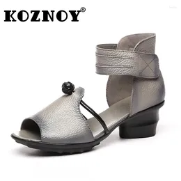 Sandales Koznoy 6cm noeud ethnique vache naturelle en cuir véritable crochet d'été talons épais femmes à la main imprimer dames mocassins chaussures