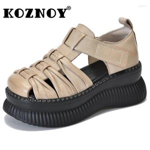 Sandales Koznoy 7cm 2024 Plate-forme ethnique Wedge été rond printemps peu profond Mary Jane automne chaussures femmes vache en cuir véritable dames de luxe