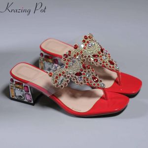 Sandalen Krazing Pot Echt lederen Peep Toe Bling Art Design Heel Hoge Heels Starry Diamond Mules Flip Flop Plus Maat 43 42 Sandalen L34