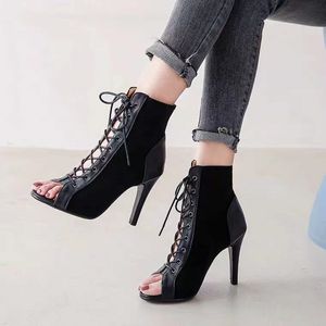 Sandales à lacets talons 9CM chaussures pour femmes été tendance noir Sexy Peep Toe bottes mode tissu talons aiguilles Jazz danse femme sffwe 230330