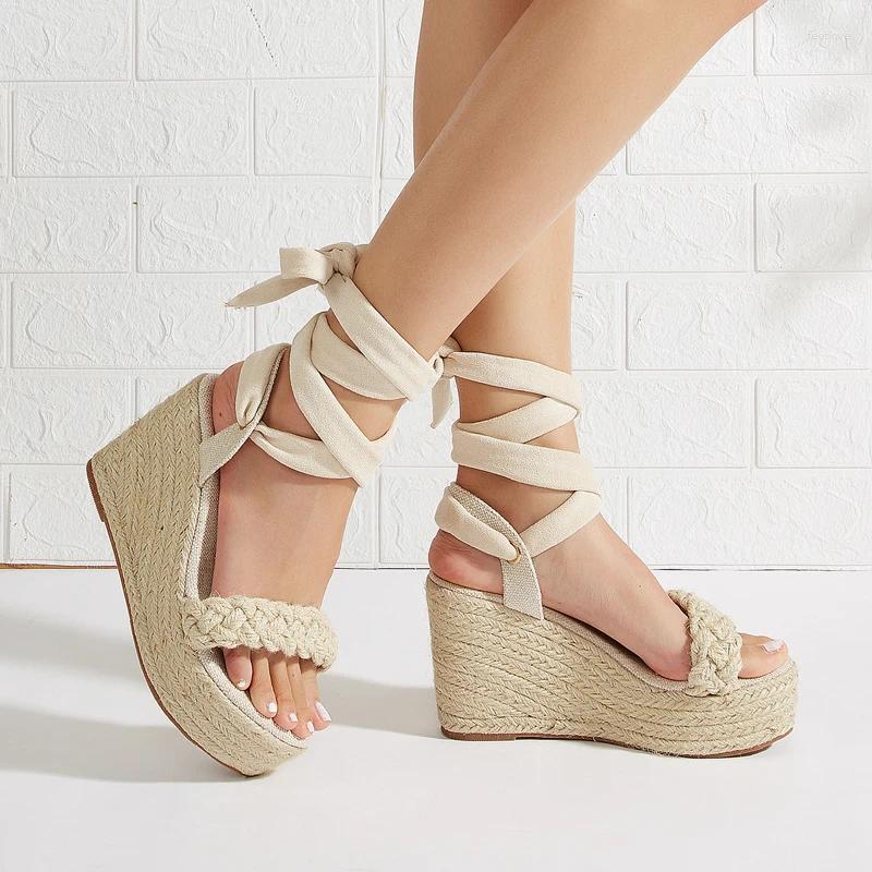 Sandals Ladies Apricot Wedges For Womans Platform Shoes Summer Cross Strappy Beach Wedge High Heels Chaussures Femmes
