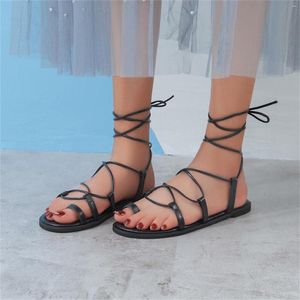 Sandalen Damesmode Zomer Leer Dunne bandcombinatie Teen Platte enkel