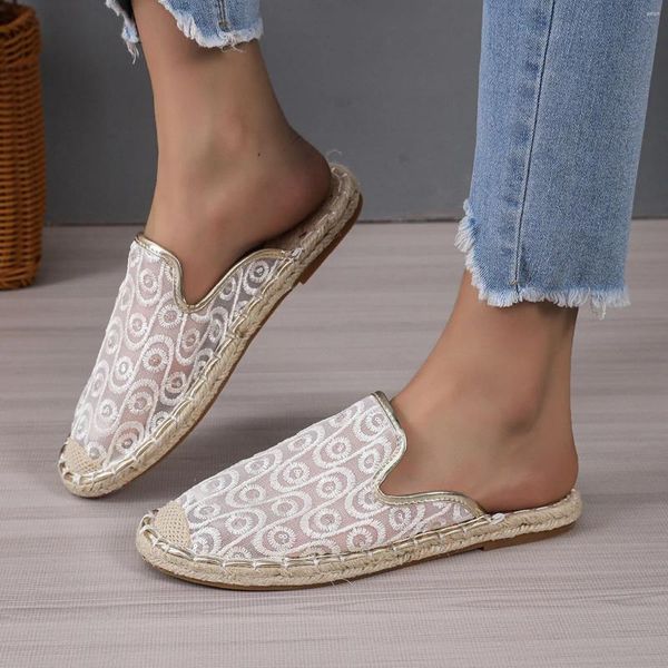 Sandalias para mujer, zapatos de pescador transpirables huecos, zapatillas informales de fondo plano de paja tejidas, cómodas individuales para mujer