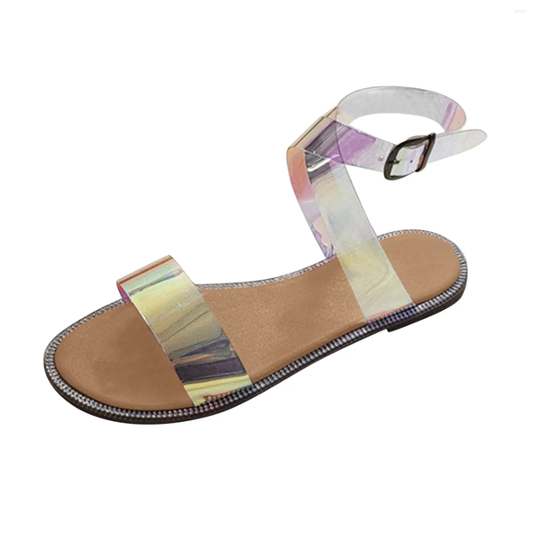 Sandalias damas color sólido cruz plana transparente PVC hebilla láser playa para mujeres verano zapatos antideslizantes estudiantes