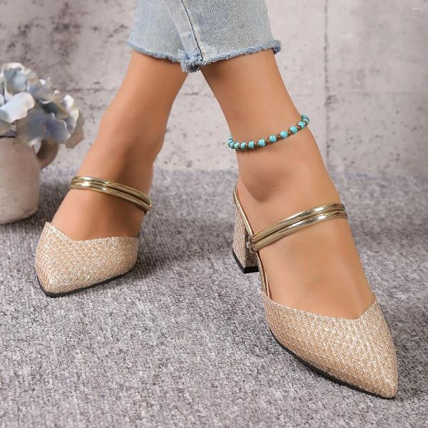 Sandalias Damas Color Sólido Flash Fino Punta Puntiaguda Calzado Tacón Medio Grueso Tamaño Grande Para Mujeres