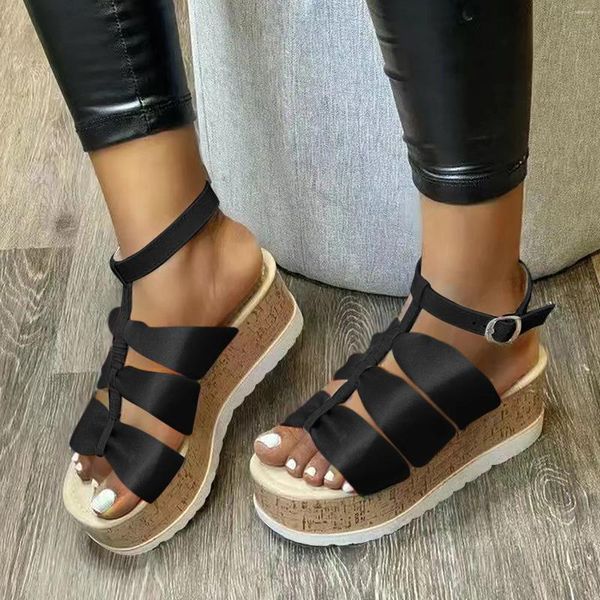 Sandalias para mujer, zapatos con correa teñida con lazo, plataforma de cuña de verano, hebilla informal, chanclas ajustadas para mujer, marca para mujer