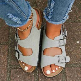 Sandales Sandales à boucle ajourée de grande taille pour femmes en cuir givré avec une ligne droite et des sandales de plage à semelles épaisses T240220