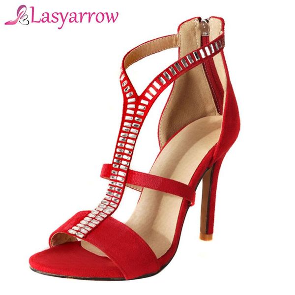 Sandalias Lasyarrow Big Size 32-46 Women Shoes Tisos delgados Tacones altos Cristal T-stap Toe Cut Outs Gladiator Black Red Blue RM263