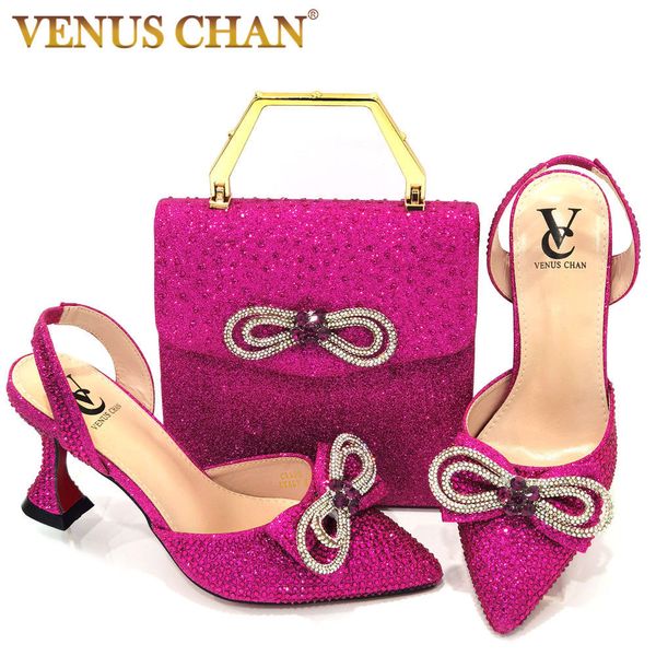 Sandales Dernier design italien africain Womens High talon pointu pointu Party Wedding Fuchsia Color Shoes and Bags Set 230320