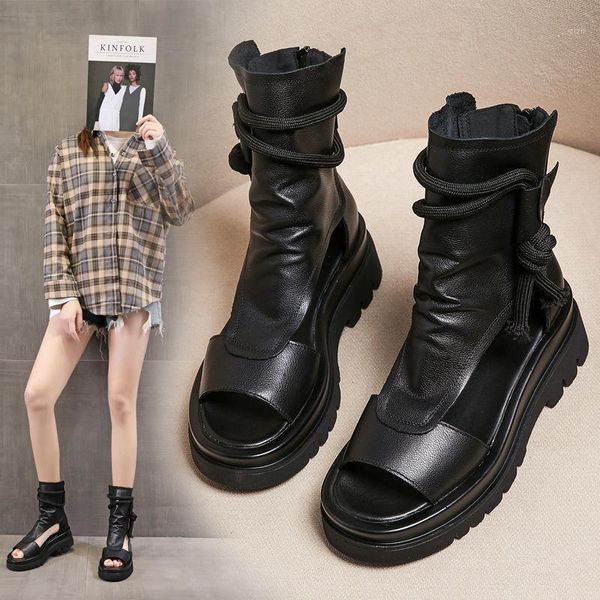 Sandalen aus Leder, flach, für Damen, dicker Biskuitkuchen, Fischmaul, coole Stiefel, Frühling/Sommer 2022, High-Top-Gladiator