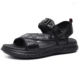 Sandalen Lederen mannen Zwart Authentiek Echte Alligator Classic S Casual Hook Loop Echte exotische krokodillenhuid Mannelijke zomerflats Kin Ummer