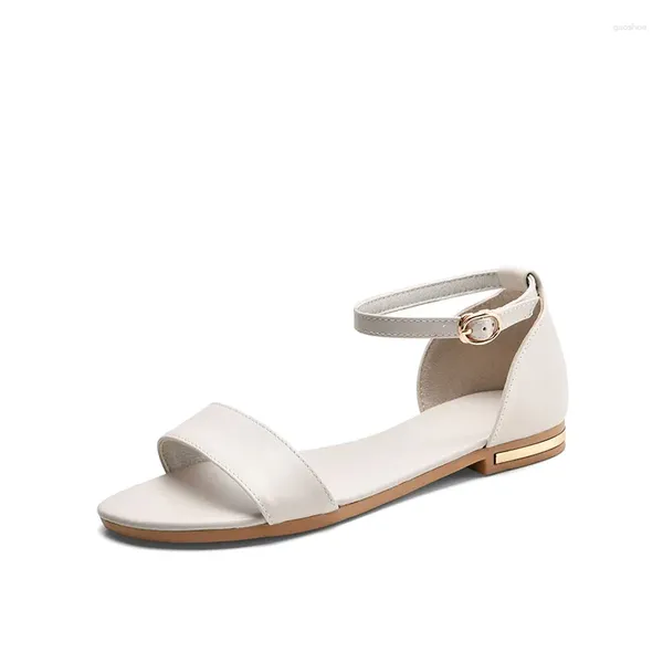 Sandalias de cuero mujeres 2023 verano negro blanco beige oro zapatos de fiesta planos sexy damas